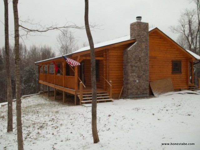 Photo of traditional log cabin in the snow